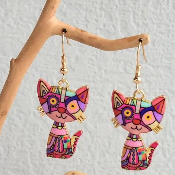 Cat Earrings Enamel Dangle Kitty Trippy Drop Gold Art Mosaic Trendy Stylish Glam - Picture 1 of 2